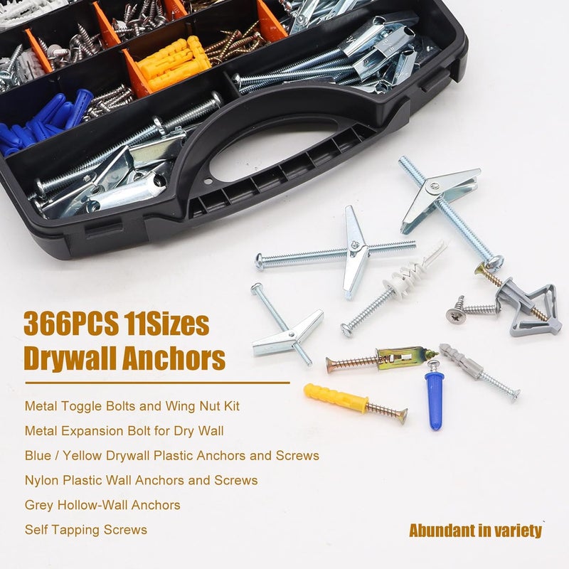 weideer 336PCS 11Sizes Drywall Anchors and Screws Assortment Kit,Toggle Bolts and Wing Nut Kit,Plastic Dry Wall Anchors with Wood Screws Handheld Box (1/4" 3/16" 1/8" #6#7#8 M8 M12 M13) - Image 4